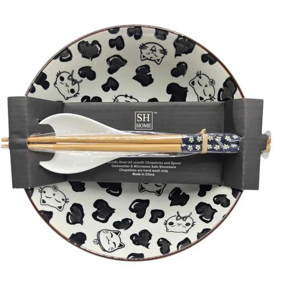 SH Home Set of 2 Cats Ceramic Ramen Noodle Bowl 43oz With‎ Chopsticks And Spoons